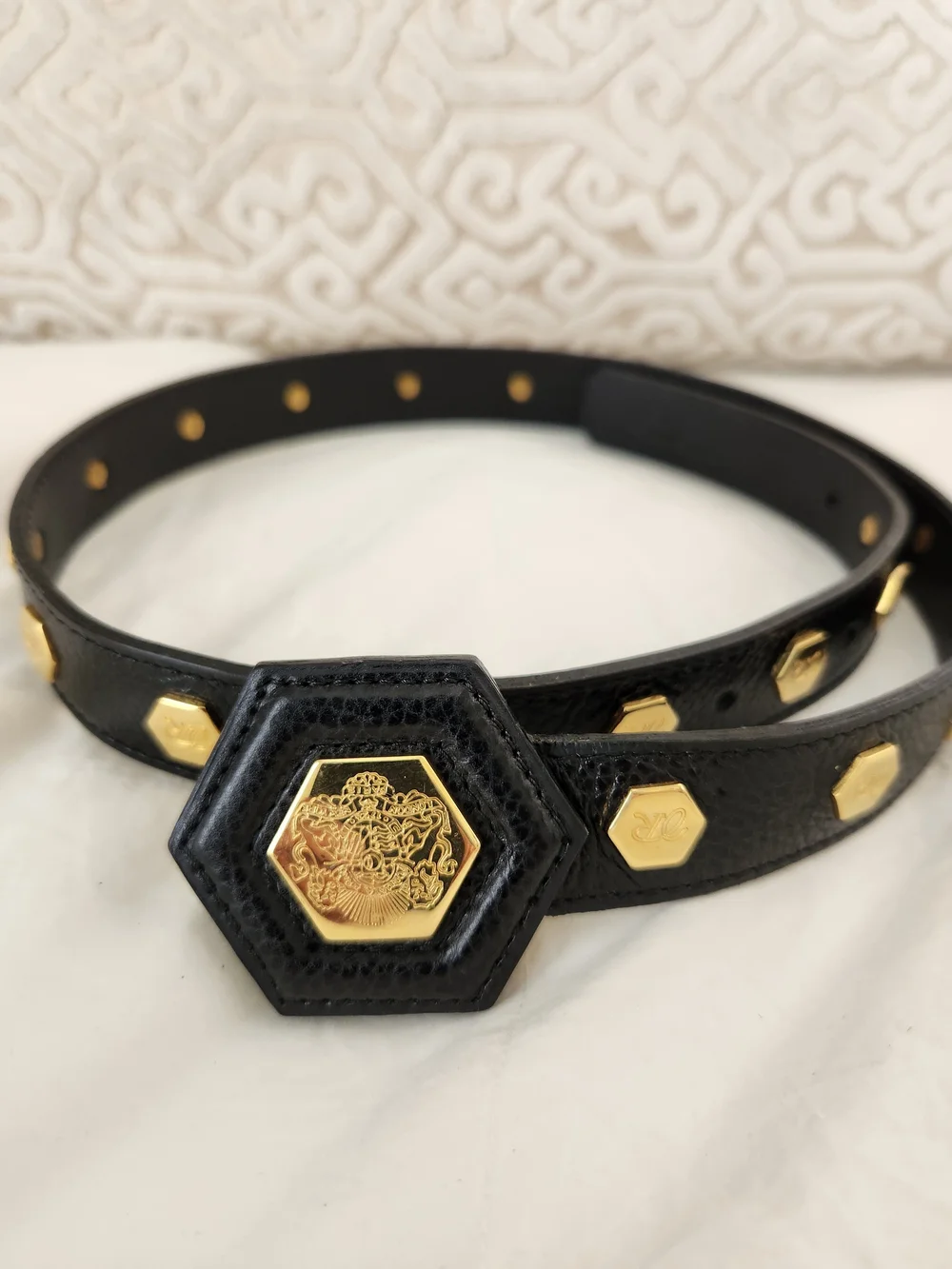 Vintage Revillon Paris Black Calf Leather Studded Belt Gold Crest Hexagon Buckle